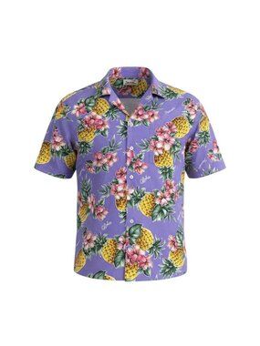 Evergreen Island Mens Aloha Shirt Purple Pineapple & Floral Print Short Sleeve L